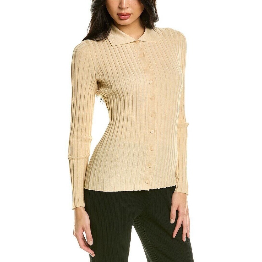 Vince Ribbed Collared Button Cardigan Sweater Milk Honey Minimalist Neutral Med